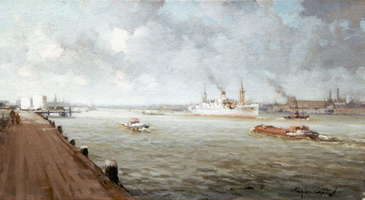 Delfgaauw G.J.  | Gerardus Johannes 'Gerard' Delfgaauw, A view of the 'Nieuwe Maas', Rotterdam, Öl auf Leinwand 25,3 x 45,2 cm, signed l.r. und dated '38