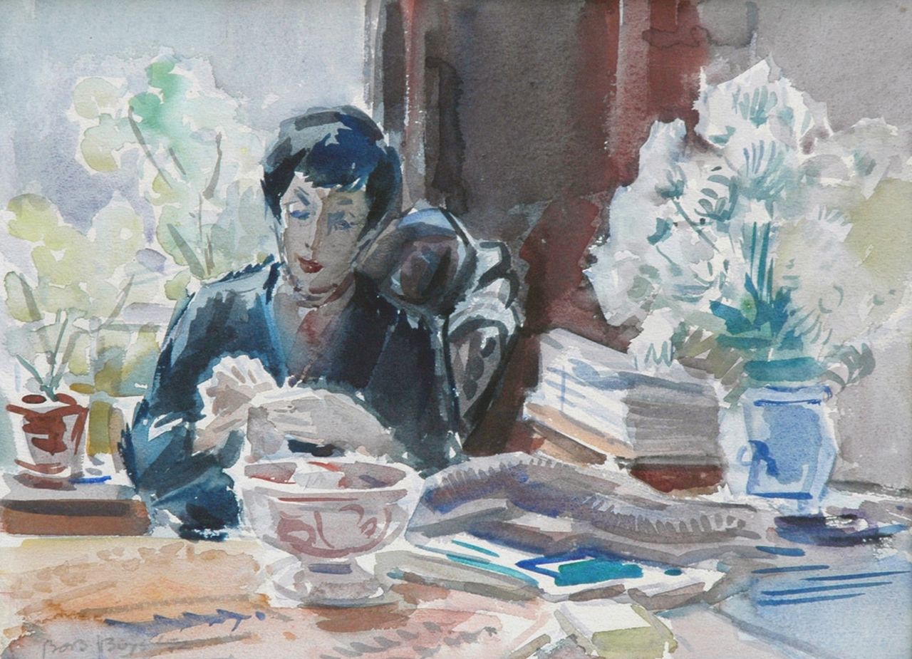 Buijs B.  | Barthold 'Bob' Buijs, Interior with the hatter Mies Sanders, Aquarell auf Papier 27,5 x 37,3 cm, signed l.l. und dated '52