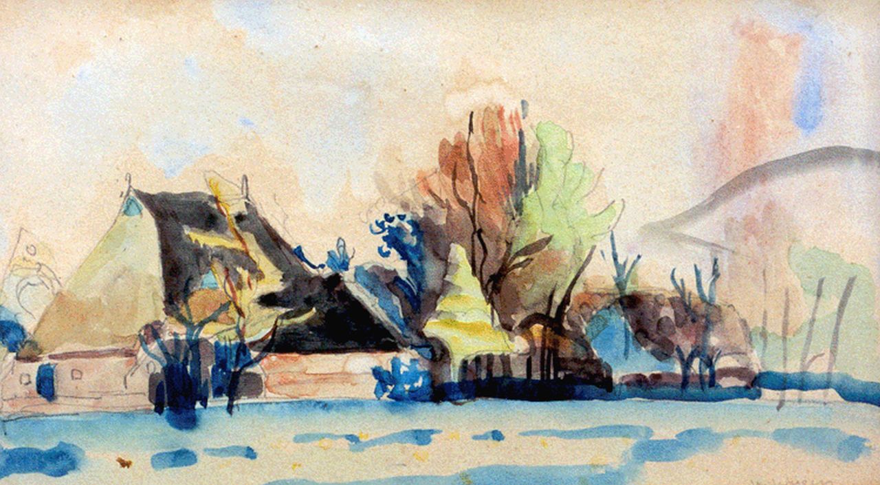 Wiegers J.  | Jan Wiegers, A farmstead, Groningen, Bleistift und Aquarell auf Papier 25,3 x 44,0 cm, signed l.r. und dated '27