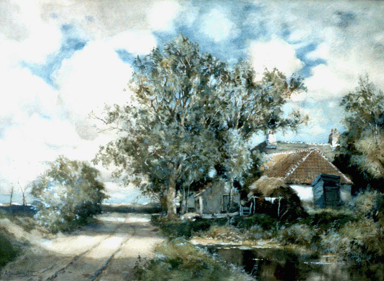 Driesten A.J. van | Arend Jan van Driesten, A farm in a Dutch landscape, Aquarell auf Papier 54,0 x 75,0 cm, signed l.l.