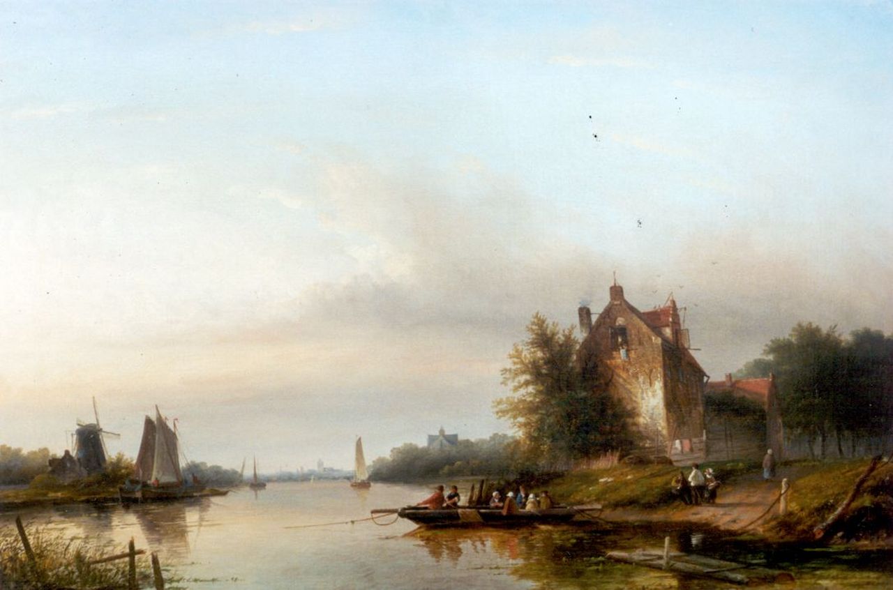 Spohler J.J.C.  | Jacob Jan Coenraad Spohler, A river landscape with a ferry, Öl auf Leinwand 65,0 x 93,2 cm, signed l.r.