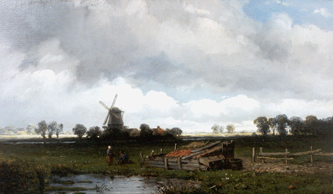 Wijngaerdt A.J. van | Anthonie Jacobus van Wijngaerdt, An extensive landscape, a windmill beyond, Öl auf Holz 15,5 x 26,4 cm, signed l.r.
