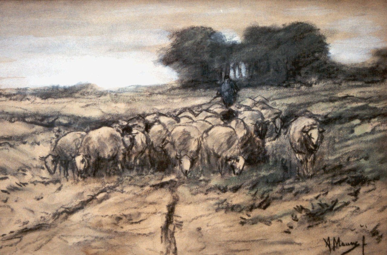 Mauve A.  | Anthonij 'Anton' Mauve, A shepherd with his flock, Holzkohle und Pastell auf Papier 30,2 x 45,7 cm, signed l.r.