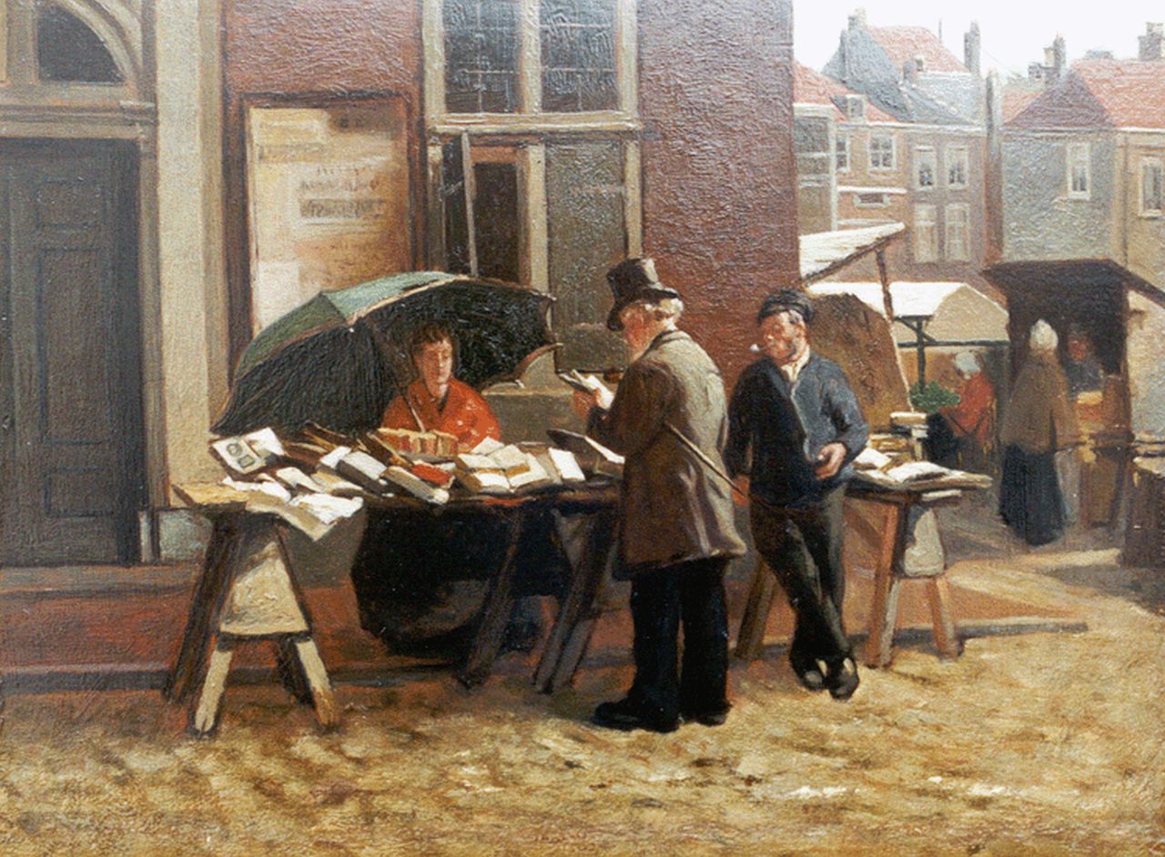 Mesker T.L.  | Theodorus Ludovicus 'Theo' Mesker, The book market at the Boterwaag, The Hague, Öl auf Holz 21,3 x 28,8 cm