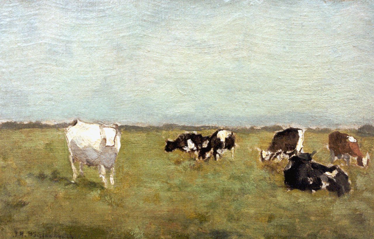 Weissenbruch H.J.  | Hendrik Johannes 'J.H.' Weissenbruch, Cows in a meadow, Öl auf Leinwand auf Holz 18,5 x 27,4 cm, signed l.l.
