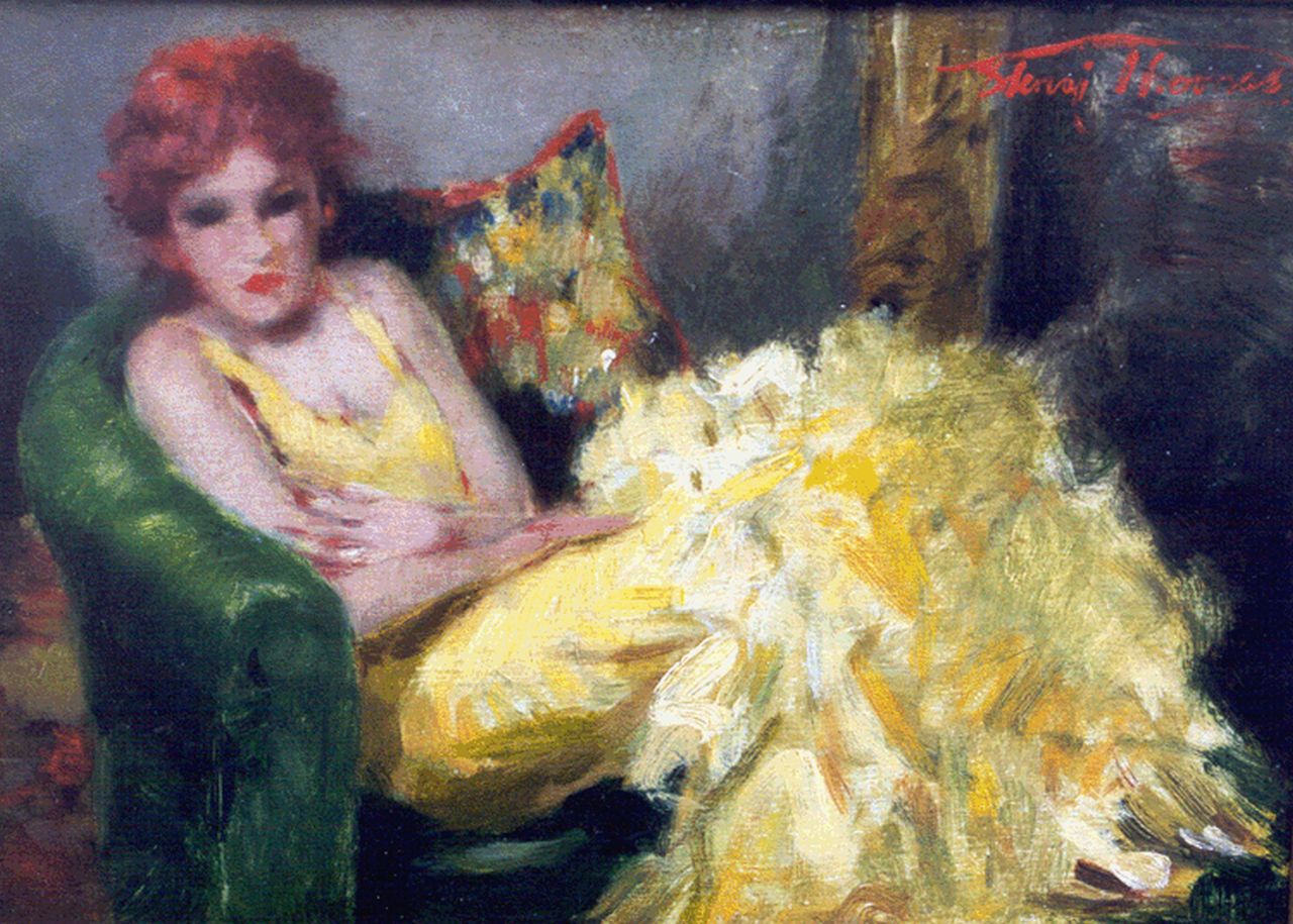 Thomas H.J.  | Henri Joseph Thomas, The yellow ball dress, Öl auf Holz 16,0 x 21,7 cm, signed u.r.