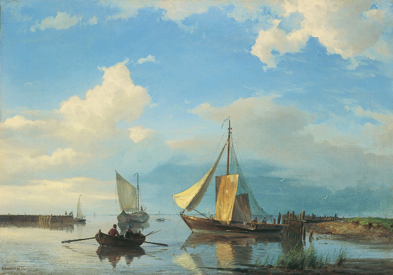 Koekkoek jr. H.  | Hermanus Koekkoek jr., Schiffe in einer Flussmündung bei ruhigem Wetter, Öl auf Leinwand 42,7 x 60,3 cm, Unterzeichnet l.u. und datiert '54