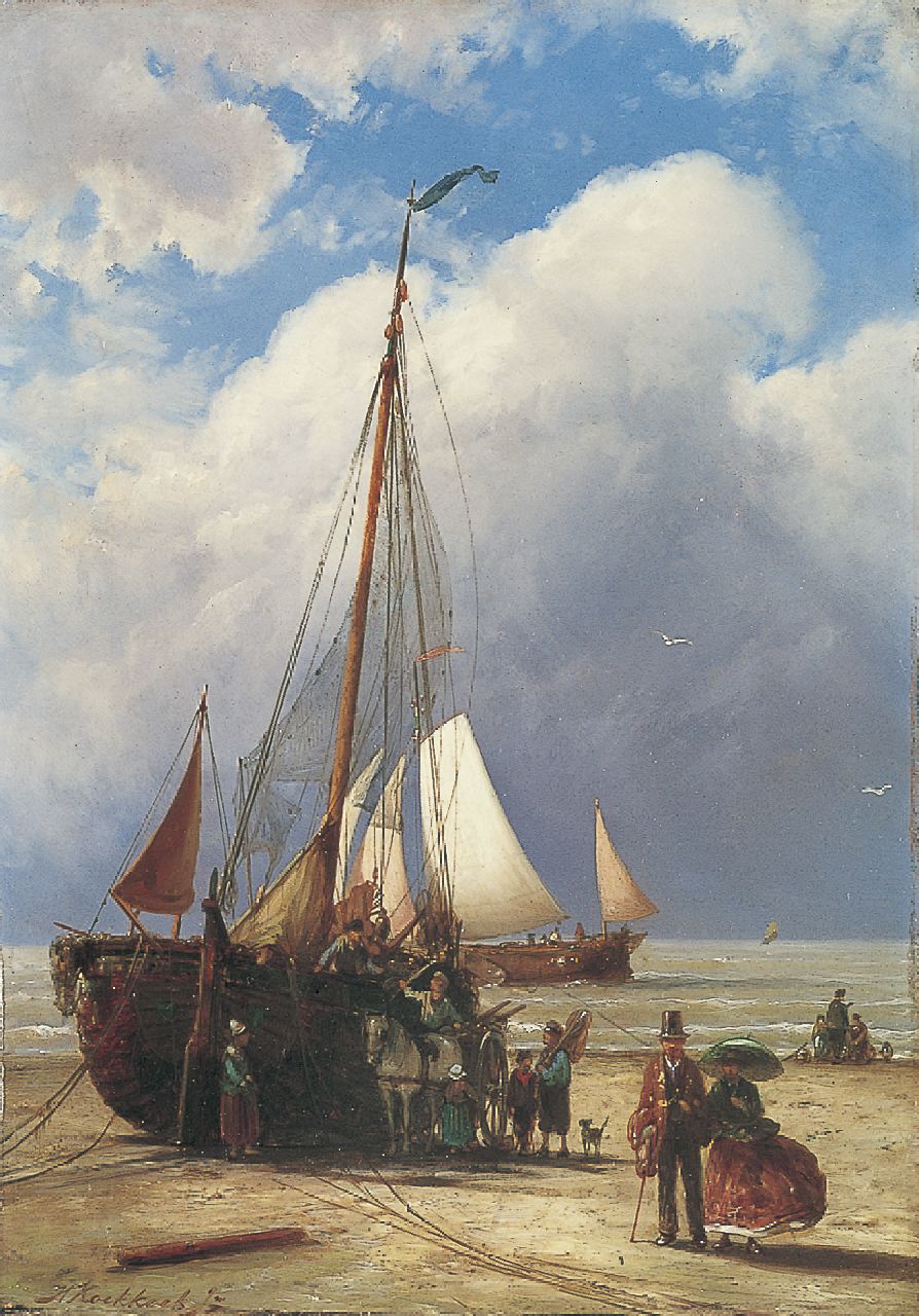 Koekkoek jr. H.  | Hermanus Koekkoek jr., Bomschuit am Strand mit Fischern und Wanderern, Öl auf Holz 38,5 x 27,2 cm, signed l.l.