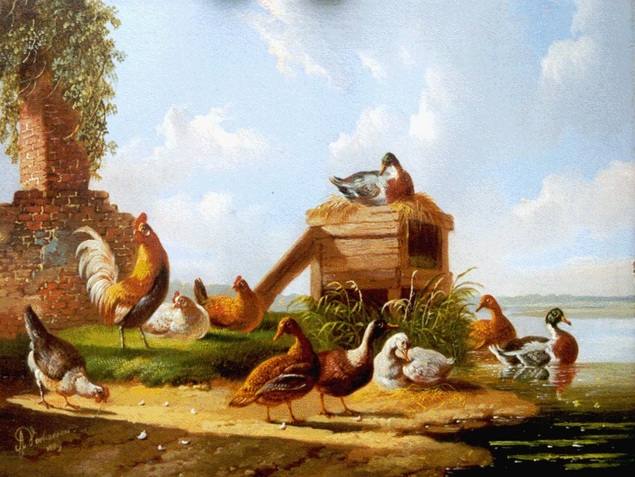 Verhoesen A.  | Albertus Verhoesen, Poultry in a classical landscape, Öl auf Holz 12,9 x 16,9 cm, signed l.l. und dated 1869