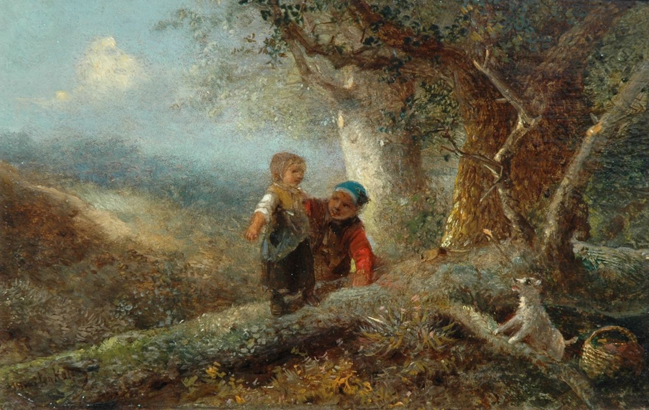 Kate J.M.H. ten | Johan 'Mari' Henri ten Kate, Children playing in a forest, Öl auf Holz 11,9 x 18,4 cm, signed l.l.
