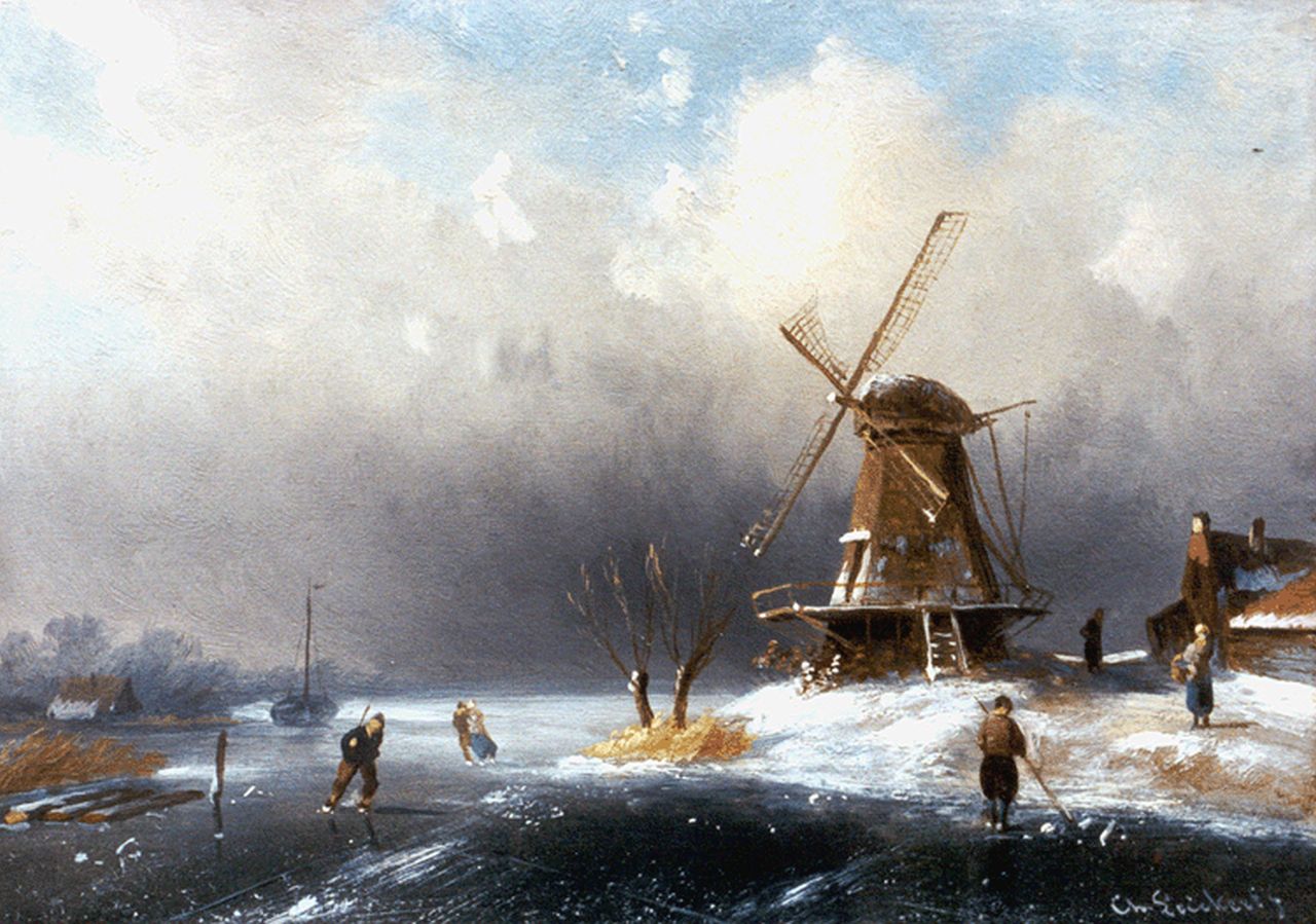 Leickert C.H.J.  | 'Charles' Henri Joseph Leickert, A winter landscape with skaters by a windmill, Öl auf Holz 12,9 x 18,3 cm, signed l.r.