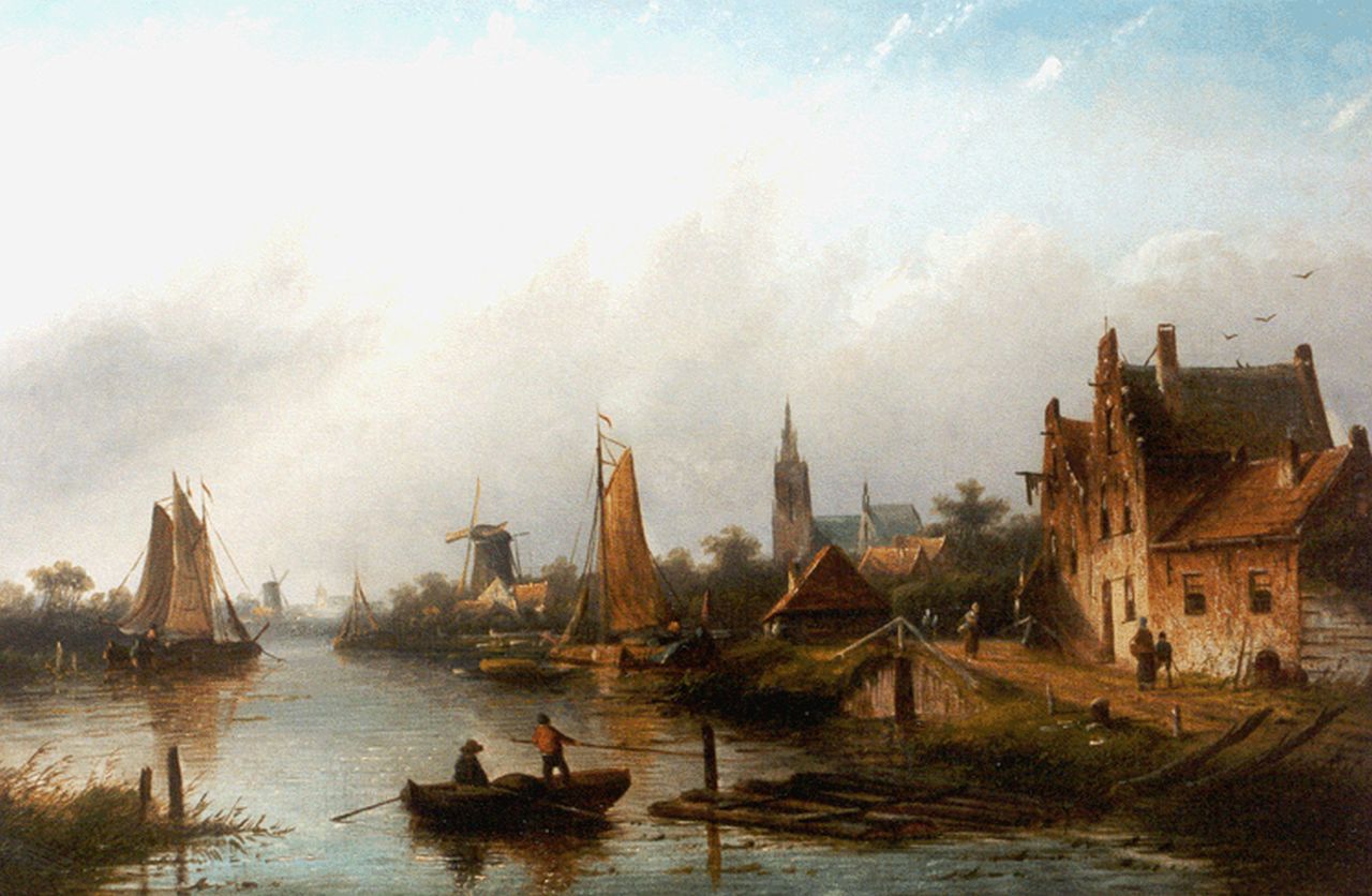 Spohler J.J.C.  | Jacob Jan Coenraad Spohler, A village along a waterway, Öl auf Leinwand 43,5 x 66,4 cm, signed l.r.