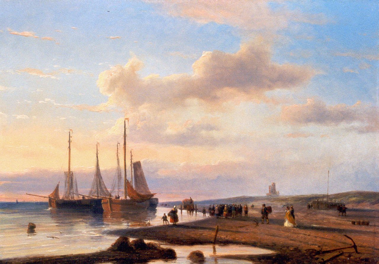 Roosenboom N.J.  | Nicolaas Johannes Roosenboom, Visafslag op het strand met elegante figuren, Öl auf Holz 35,7 x 50,3 cm, gesigneerd rechtsonder