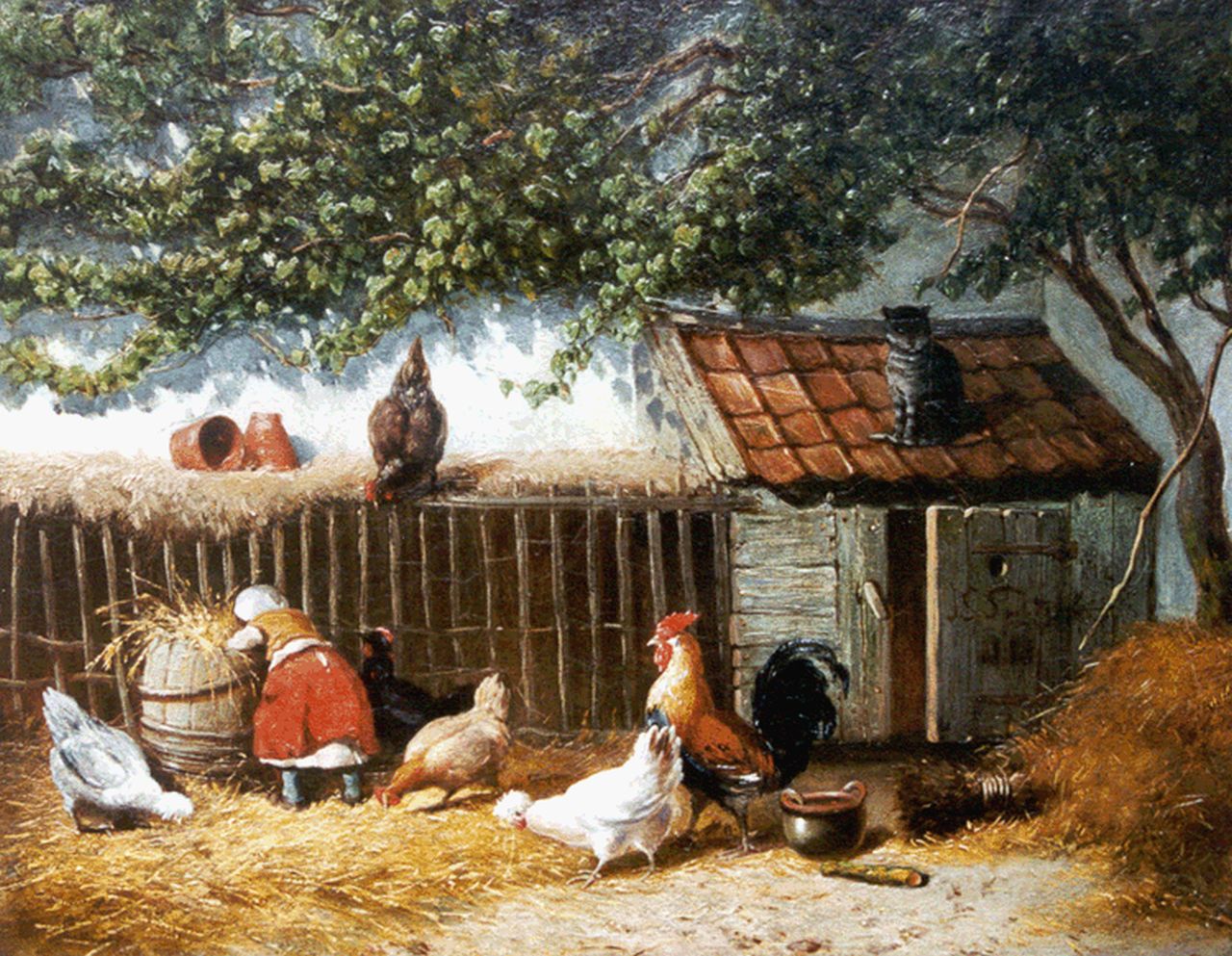 Smits J.G.  | Jan Gerard Smits, Feeding the chickens, Öl auf Holz 24,7 x 31,4 cm, signed l.r.