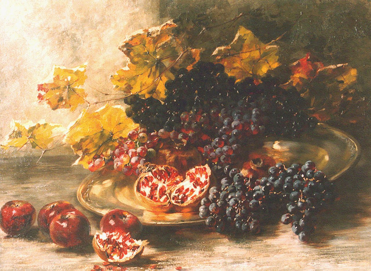 Schultheiss N.  | Natalie Schultheiss, A still life with grapes and pomegranates, Öl auf Leinwand 61,5 x 82,0 cm, signed u.r. und dated 1914