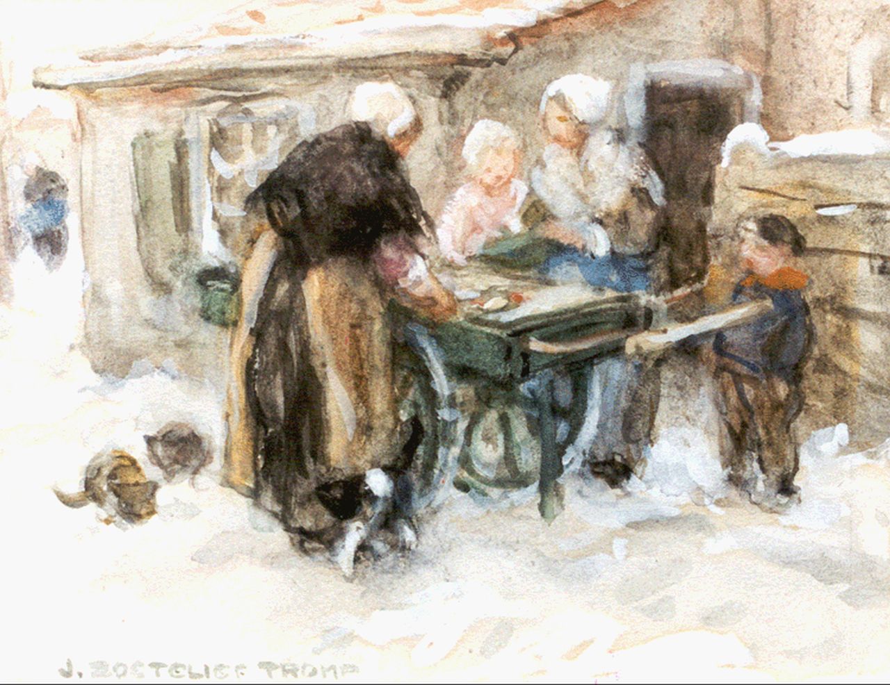 Zoetelief Tromp J.  | Johannes 'Jan' Zoetelief Tromp, Selling fish in winter, Aquarell auf Papier 14,0 x 18,5 cm, signed l.l.