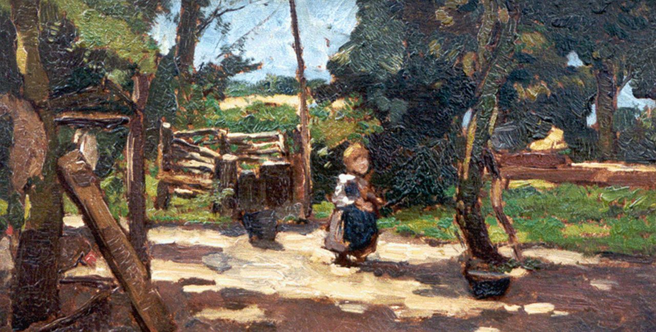 Akkeringa J.E.H.  | 'Johannes Evert' Hendrik Akkeringa, A little girl on a yard, Öl auf Holz 15,3 x 29,4 cm