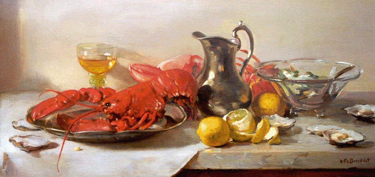 Broedelet-Henkes H.  | Hester 'Hetty' Broedelet-Henkes, A still life with lobster and oysters, Öl auf Holz 33,5 x 71,9 cm, signed l.r.