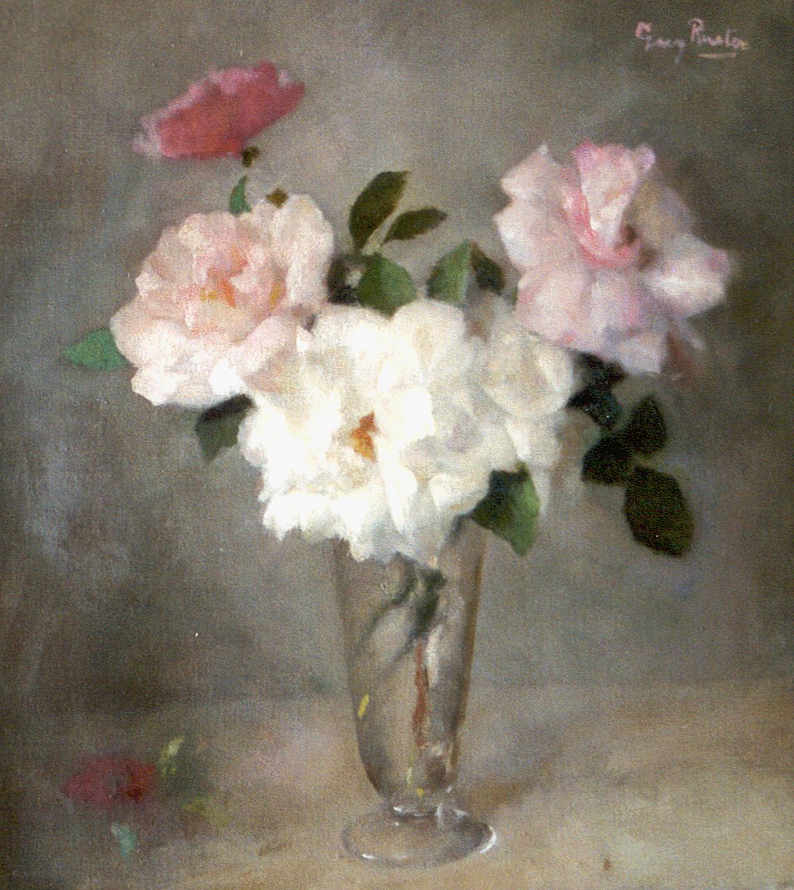 Rueter W.C.G.  | Wilhelm Christian 'Georg' Rueter, Roses in a glass vase, Öl auf Leinwand 45,1 x 41,5 cm, signed u.r.