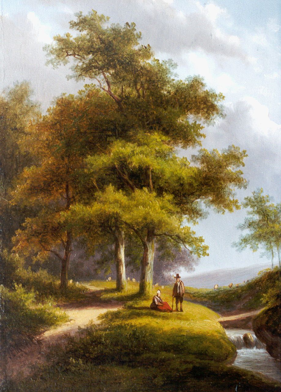 Morel II J.E.  | Jan Evert Morel II, Travellers near a stream, Öl auf Holz 20,4 x 15,1 cm, signed l.l.
