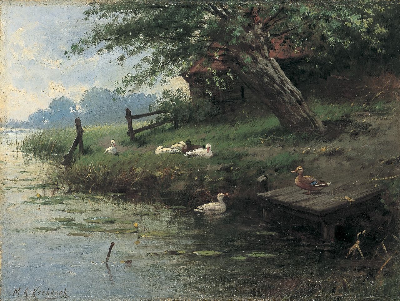 Koekkoek II M.A.  | Marinus Adrianus Koekkoek II, Ducks on the riverbank, Öl auf Leinwand 27,4 x 36,7 cm, signed l.l.