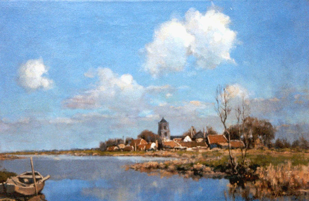Wesseling H.J.  | Hendrik Jan Wesseling, A river landscape, a town in the distance, Öl auf Leinwand 47,3 x 71,4 cm, signed l.r.