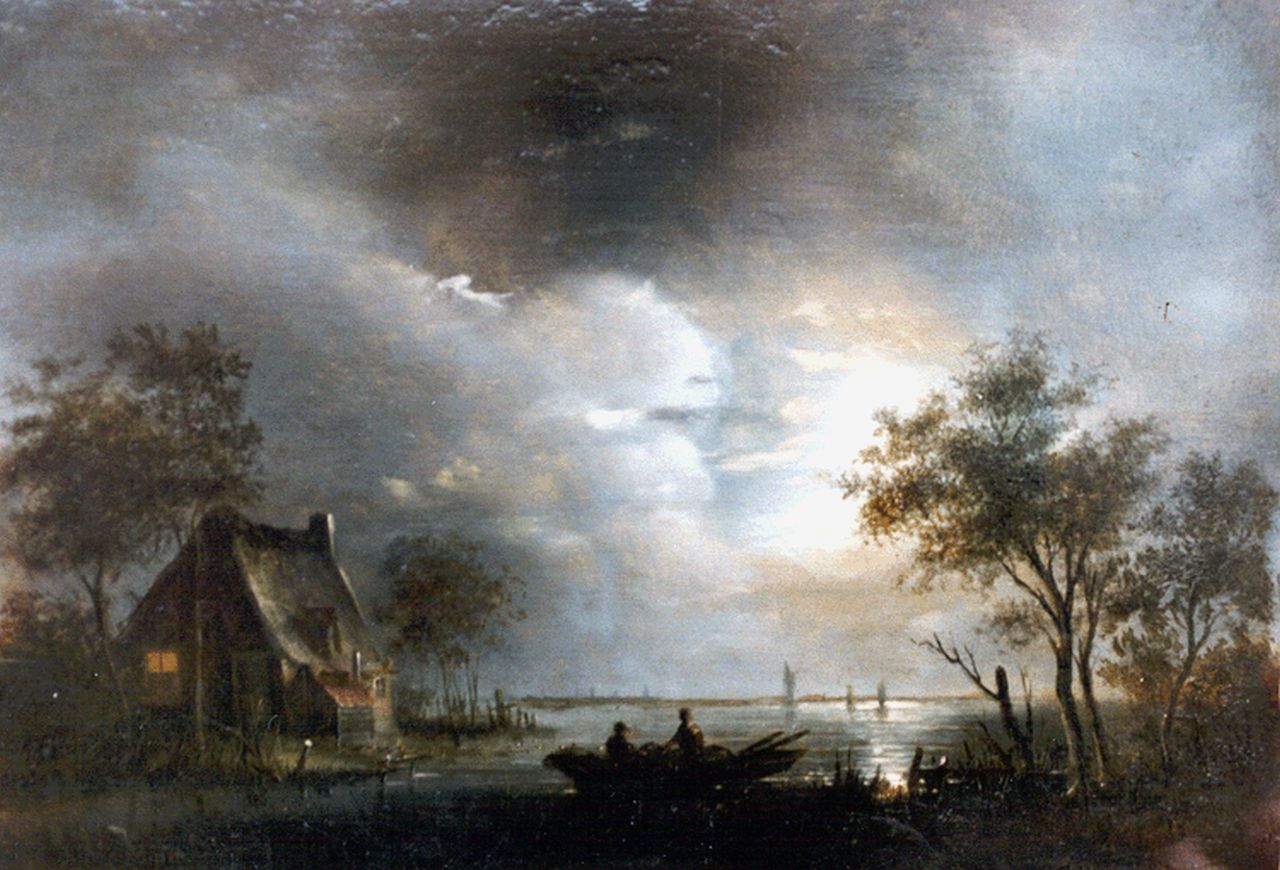 Cate H.G. ten | Hendrik Gerrit ten Cate, Fishermen in a moonlit landscape, Öl auf Holz 20,7 x 30,0 cm, signed l.r.