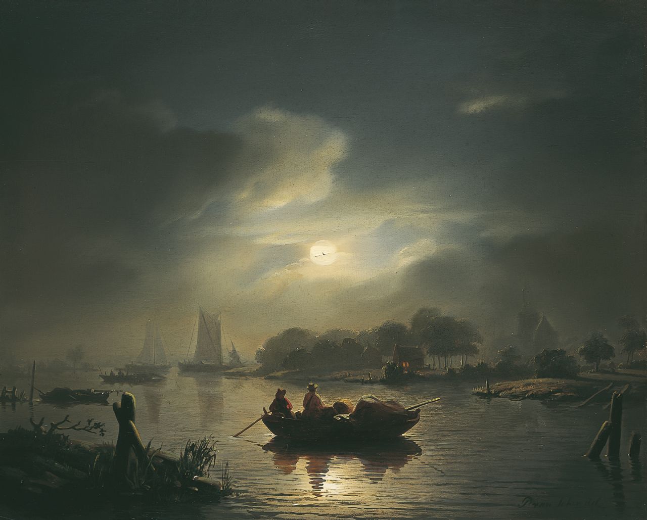 Schendel P. van | Petrus van Schendel, A moonlit  river landscape, Öl auf Holz 31,9 x 40,0 cm, signed l.r. und dated '46