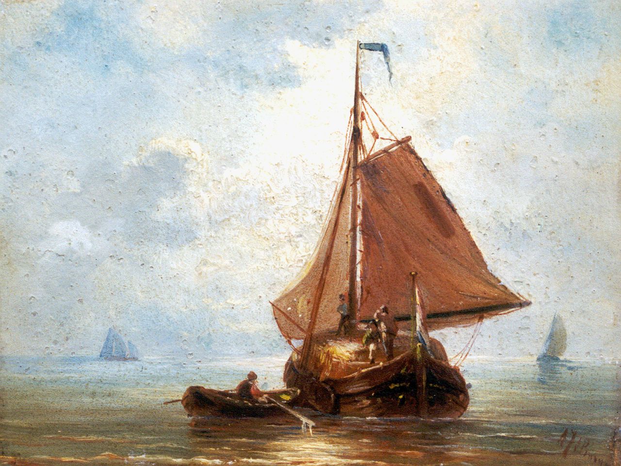 Prooijen A.J. van | Albert Jurardus van Prooijen, A haybarge in an estuary, Öl auf Holz 14,7 x 18,8 cm, signed l.r.
