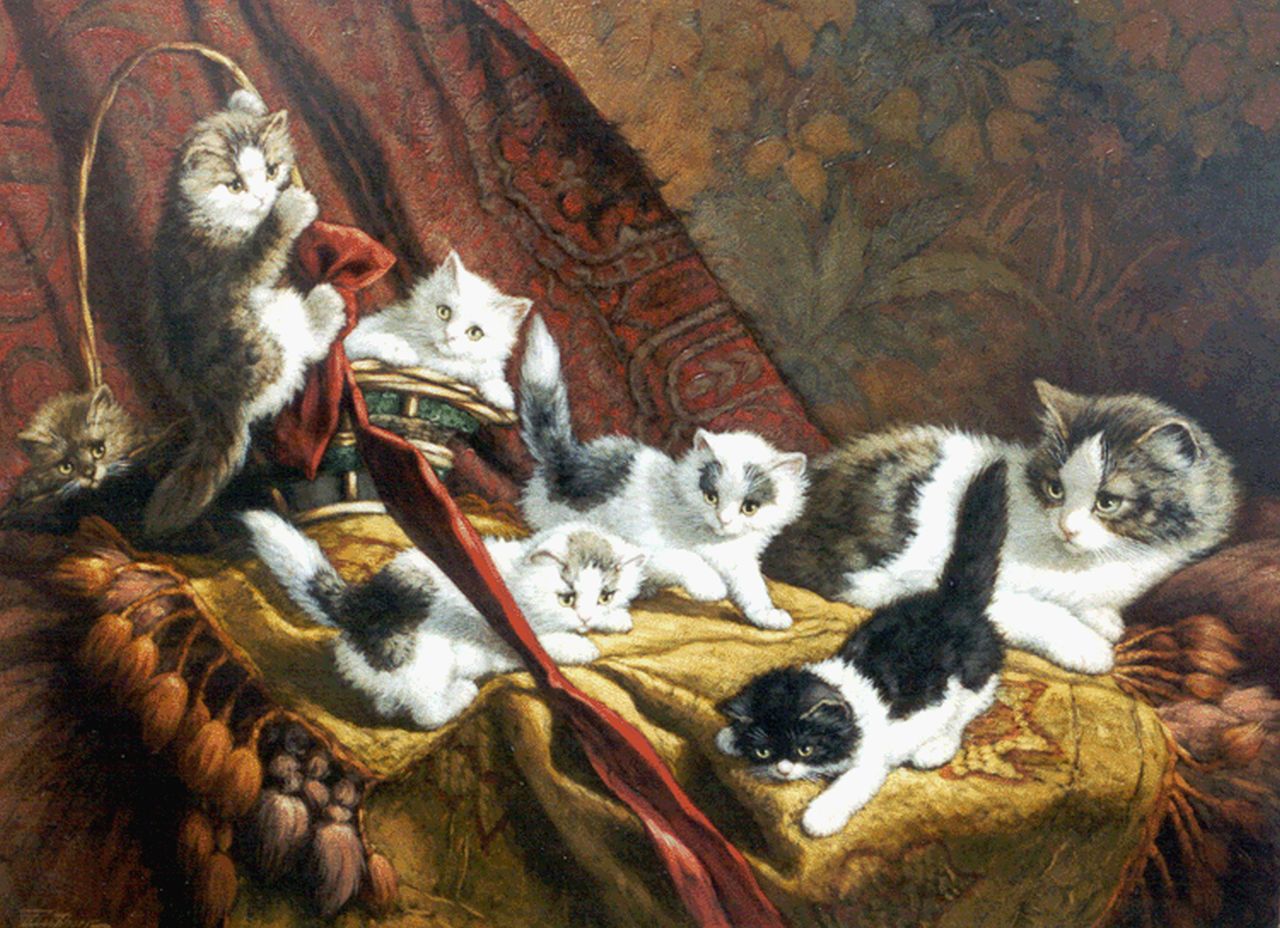 Raaphorst C.  | Cornelis Raaphorst, A cat with six kittens, Öl auf Leinwand 60,5 x 80,5 cm, signed l.l.