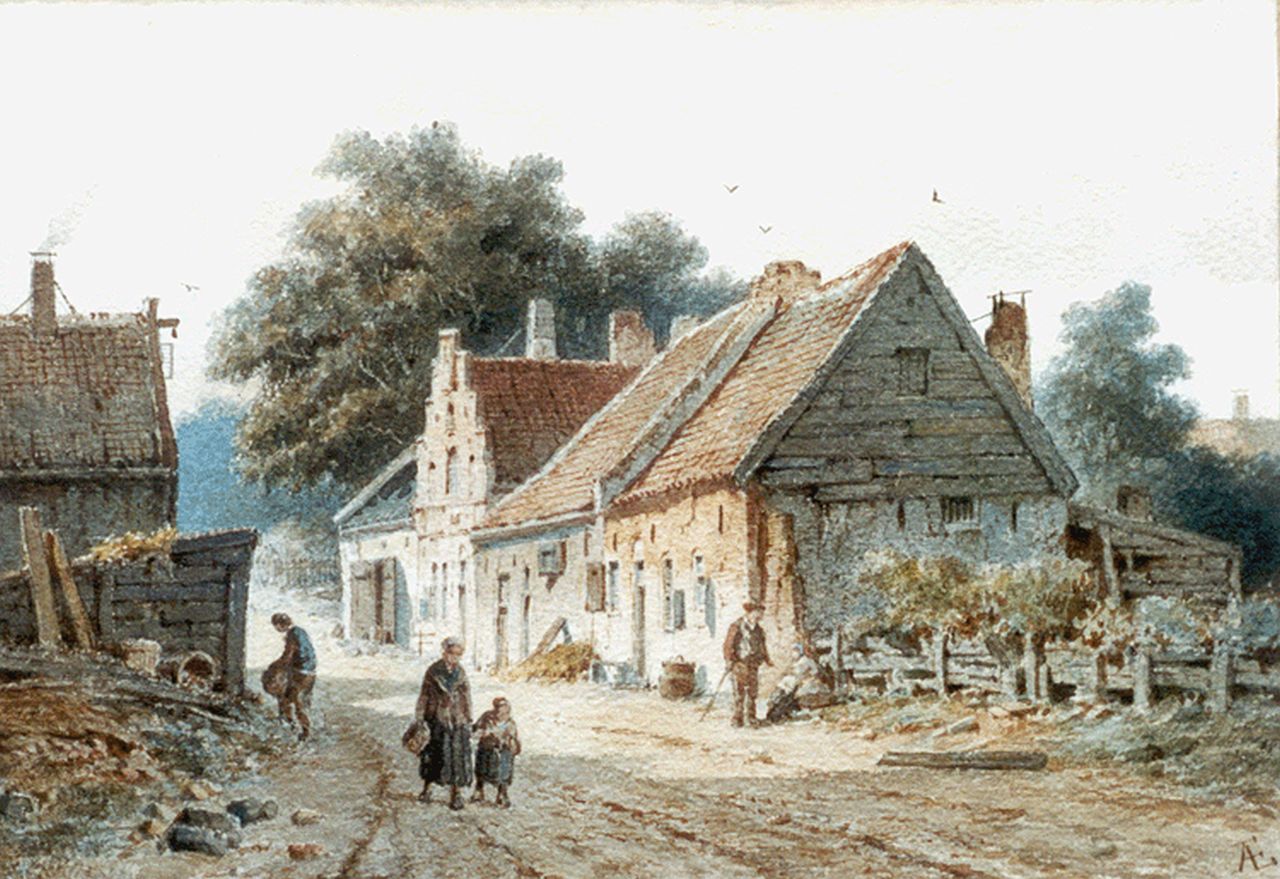 Eversen A.  | Adrianus Eversen, A country road with a farm and figures, near Nijmegen, Aquarell auf Papier 20,2 x 30,0 cm, signed l.r. with monogram