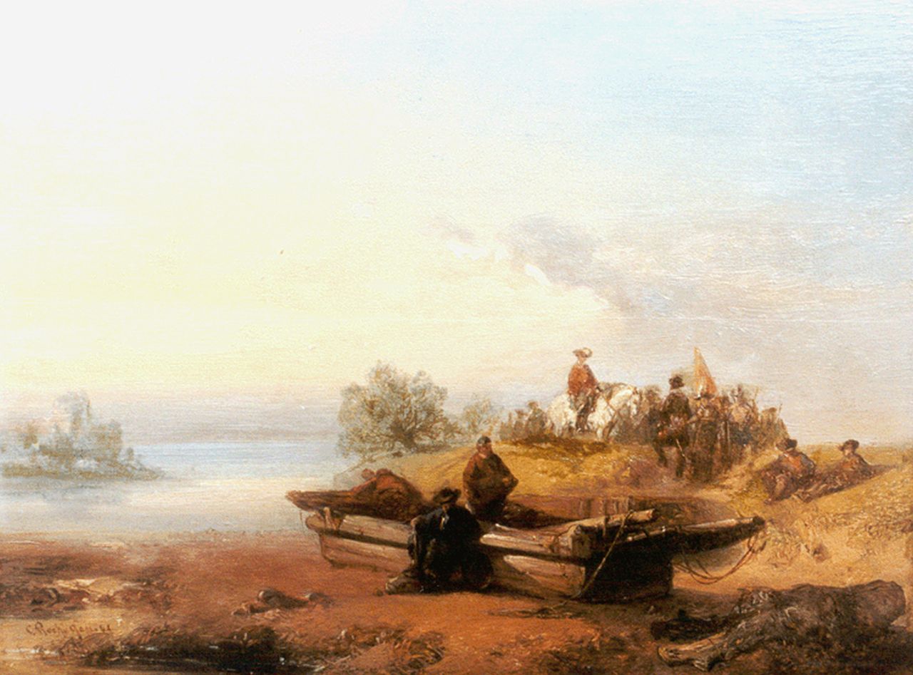 Rochussen Ch.  | Charles Rochussen, Soldiers by a ferry, Öl auf Holz 19,5 x 25,7 cm, signed l.l. und dated '42