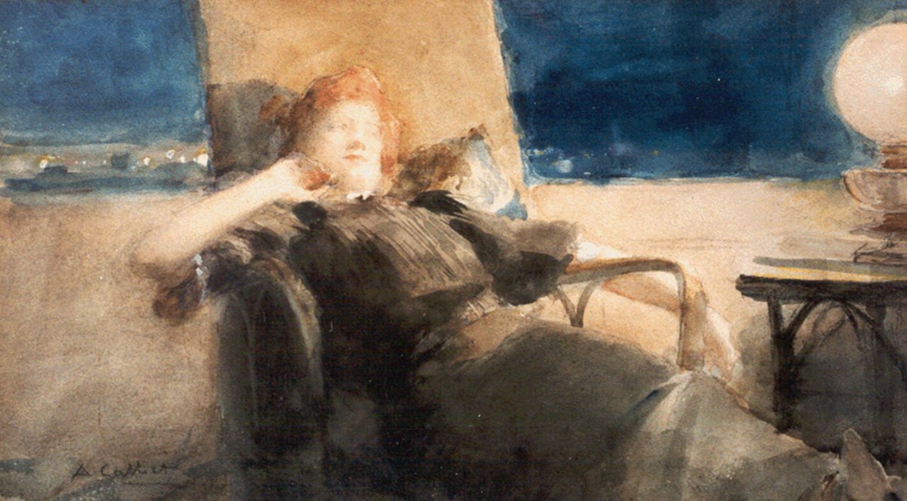 Calbet A.  | Antoine Calbet, An elegant lady sleeping, Pastell und Aquarell auf Papier 17,3 x 30,7 cm, signed l.l.