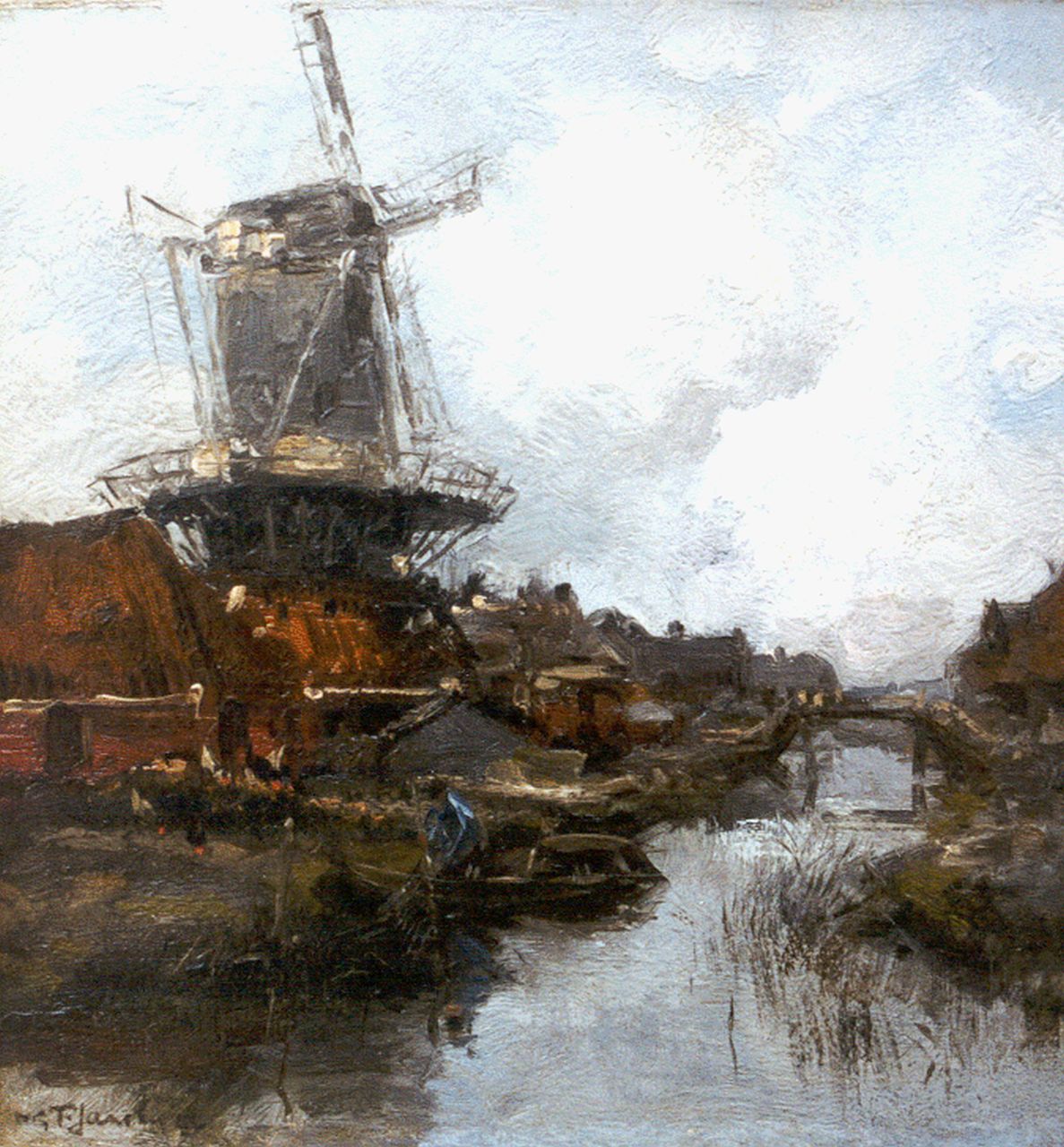 Jansen W.G.F.  | 'Willem' George Frederik Jansen, A windmill in a river landscape, Öl auf Leinwand 31,3 x 29,6 cm, signed l.l. und dated '22