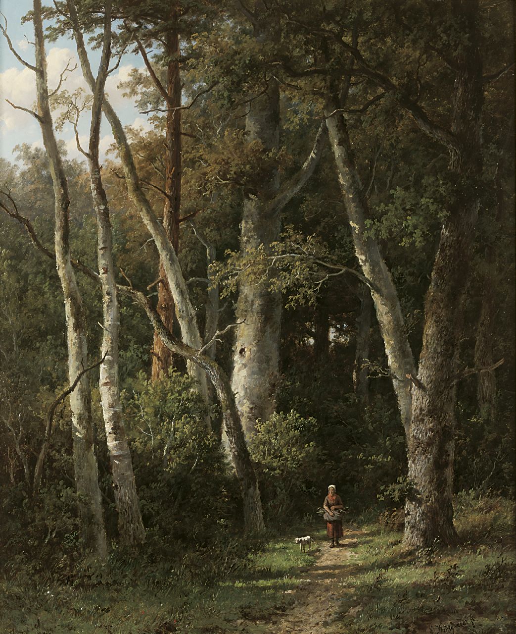 Wijngaerdt A.J. van | Anthonie Jacobus van Wijngaerdt, Gathering wood on a forest path, Öl auf Holz 66,2 x 54,0 cm, signed l.r.