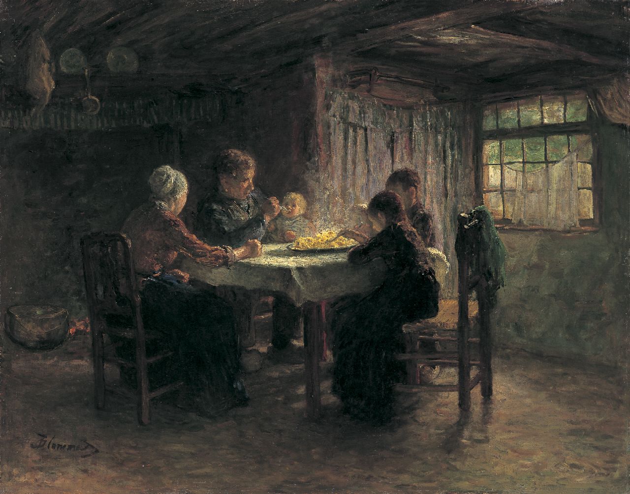 Blommers B.J.  | Bernardus Johannes 'Bernard' Blommers, A family supper, Heeze, Öl auf Leinwand 76,1 x 97,0 cm, signed l.l.