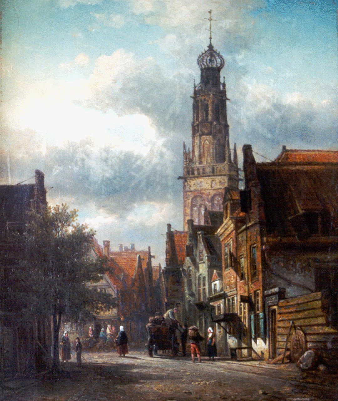 Bommel E.P. van | Elias Pieter van Bommel, A sunlit street the 'Bakenesserkerk' beyond, Haarlem, Öl auf Leinwand 47,3 x 39,7 cm, signed l.r.