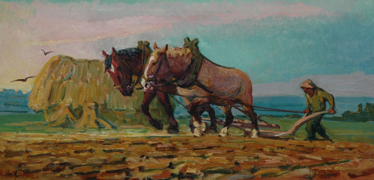 Gouwe A.H.  | Adriaan Herman Gouwe, Ploughing horses and farmer, Öl auf Leinwand 43,3 x 85,5 cm, signed l.l.