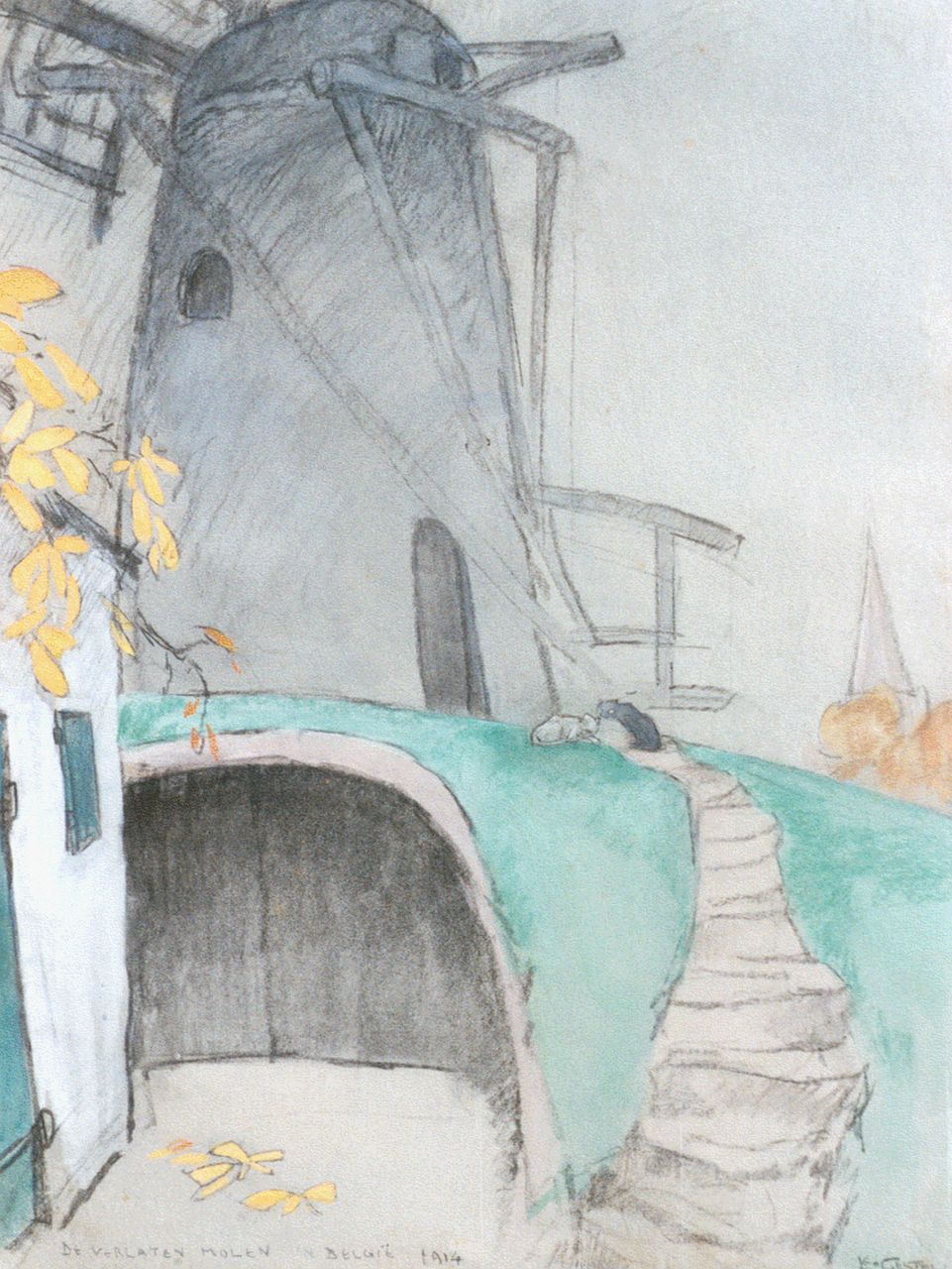 Gestel L.  | Leendert 'Leo' Gestel, A windmill, Belgium, Schwarze Kreide, Aquarell und Pastell auf Papier 51,0 x 38,5 cm, signed l.r. und dated 1914