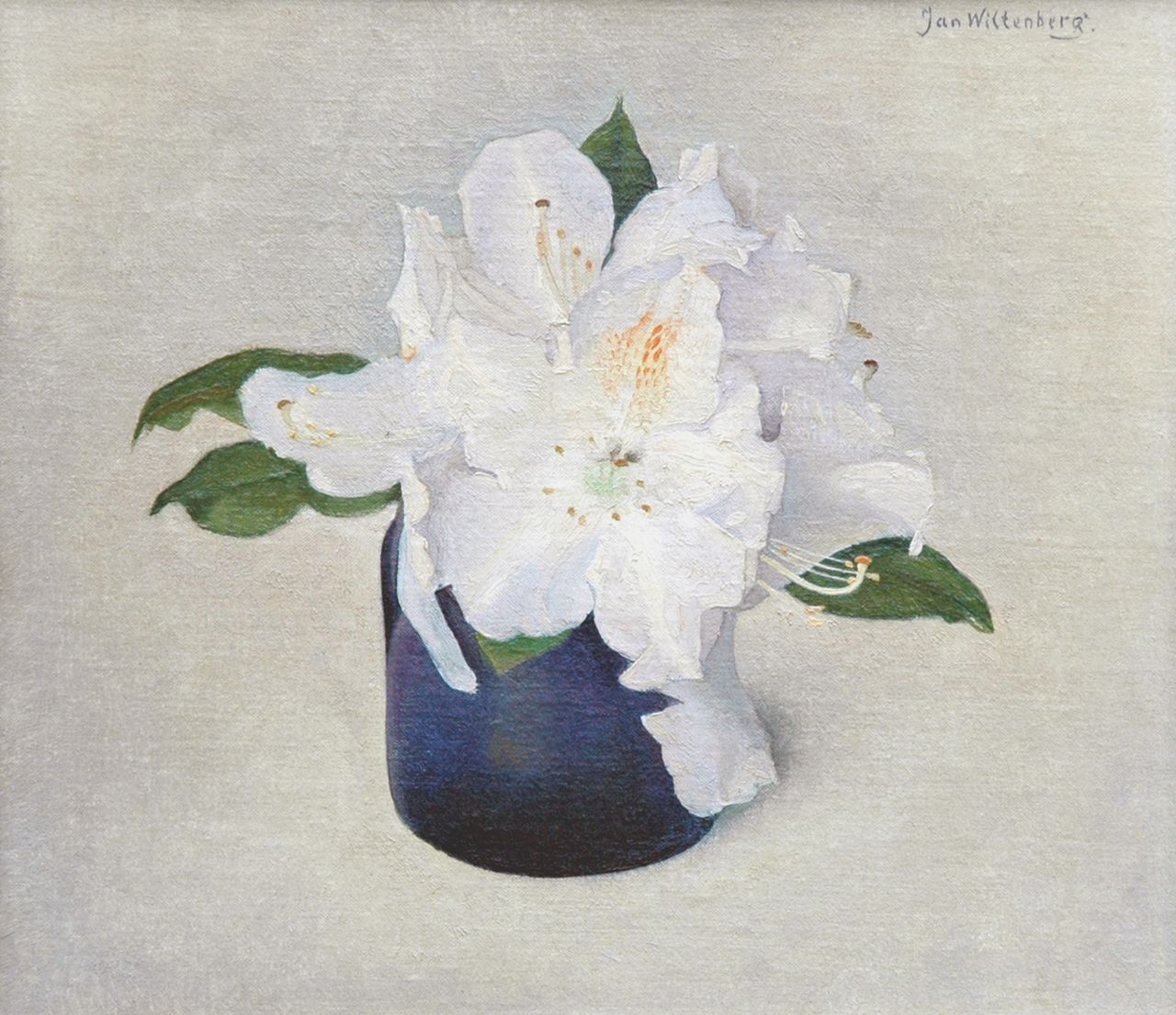 Wittenberg J.H.W.  | 'Jan' Hendrik Willem Wittenberg, White rododendron in a blue vase, Öl auf Leinwand auf Holz 20,6 x 23,5 cm, signed u.r. and reverse
