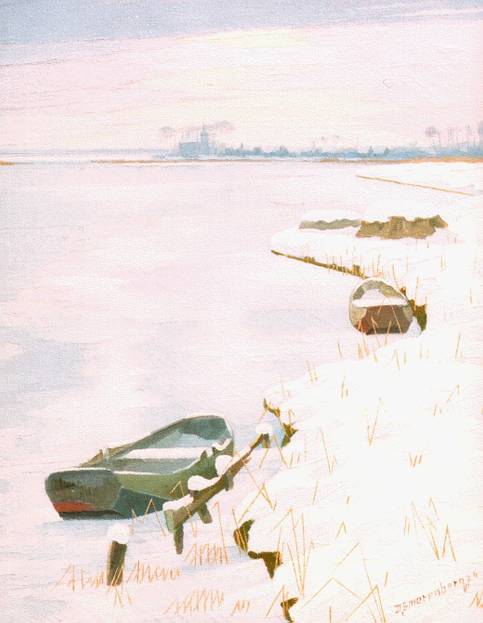 Smorenberg D.  | Dirk Smorenberg, A winter landscape with moored barges, Öl auf Leinwand 44,3 x 34,6 cm, signed l.r. und dated '24
