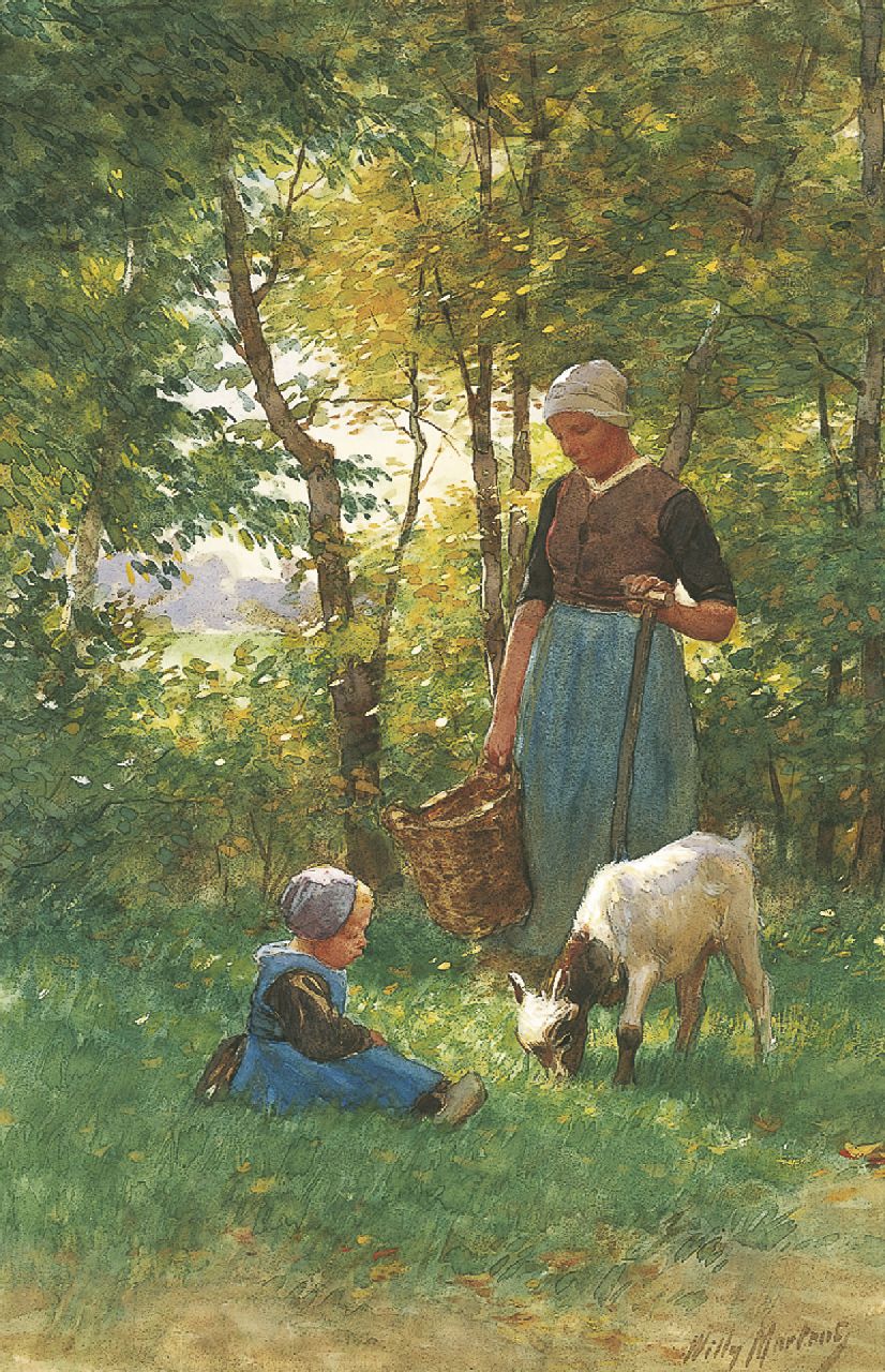 Martens W.  | Willem 'Willy' Martens, Feeding the goat, Aquarell und Gouache auf Papier 51,0 x 34,0 cm, signed l.r.