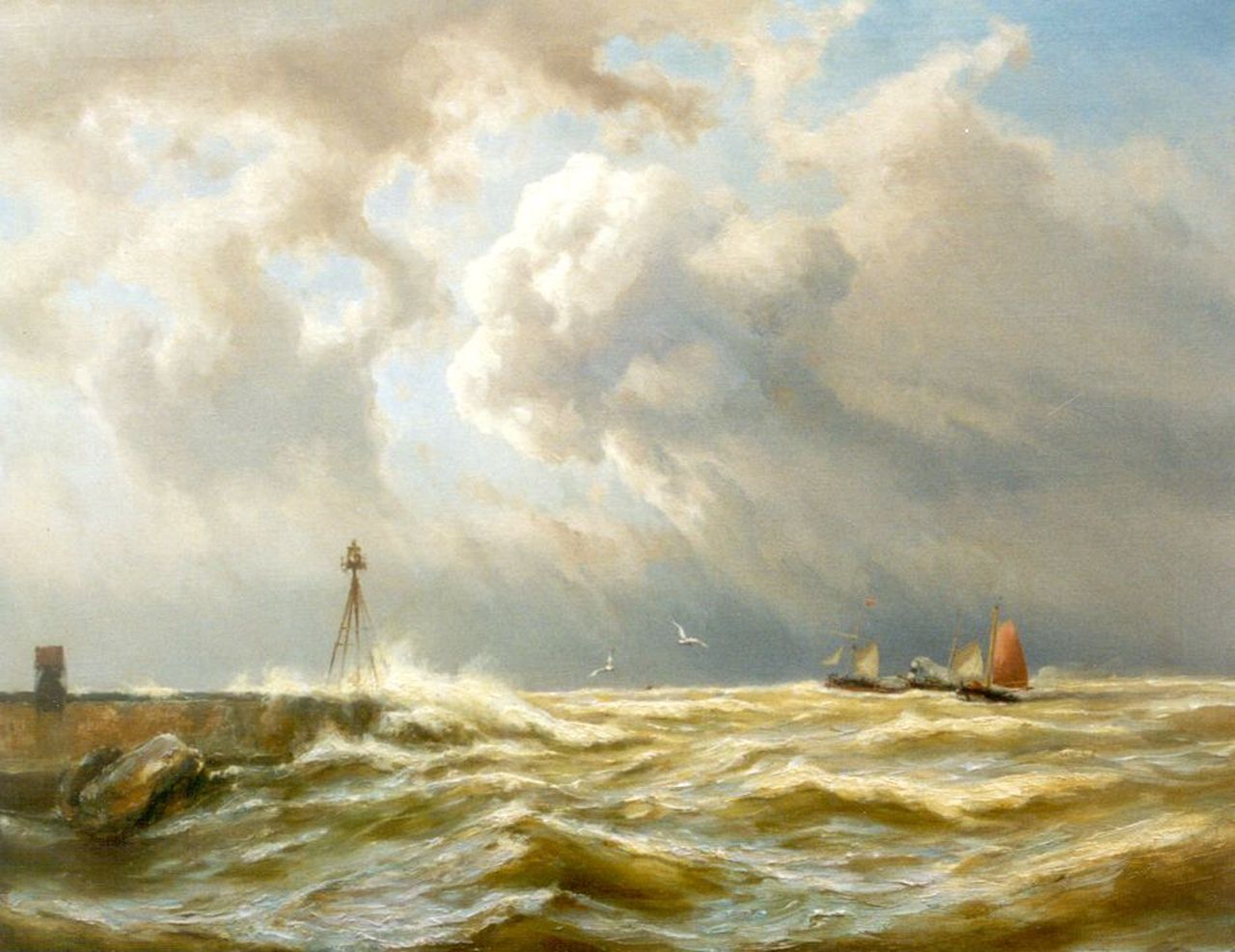 Koekkoek J.H.B.  | Johannes Hermanus Barend 'Jan H.B.' Koekkoek, Sailing vessels and a paddle-steamer on stormy seas near IJmuiden, Öl auf Leinwand 63,5 x 80,5 cm, signed l.l.