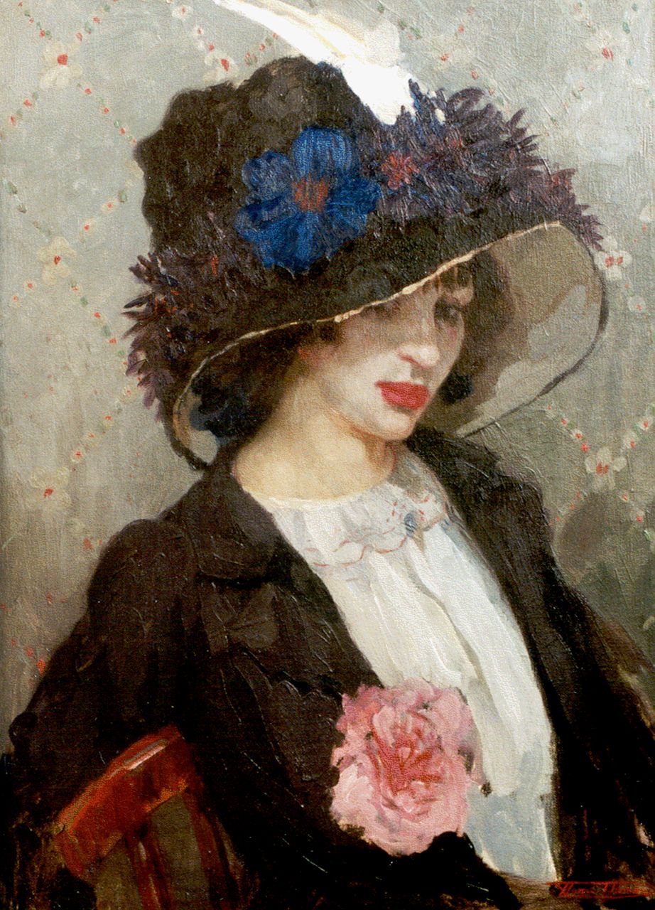 Thomas H.J.  | Henri Joseph Thomas, An elegant lady with hat, Öl auf Leinwand 70,3 x 50,8 cm, signed l.r.