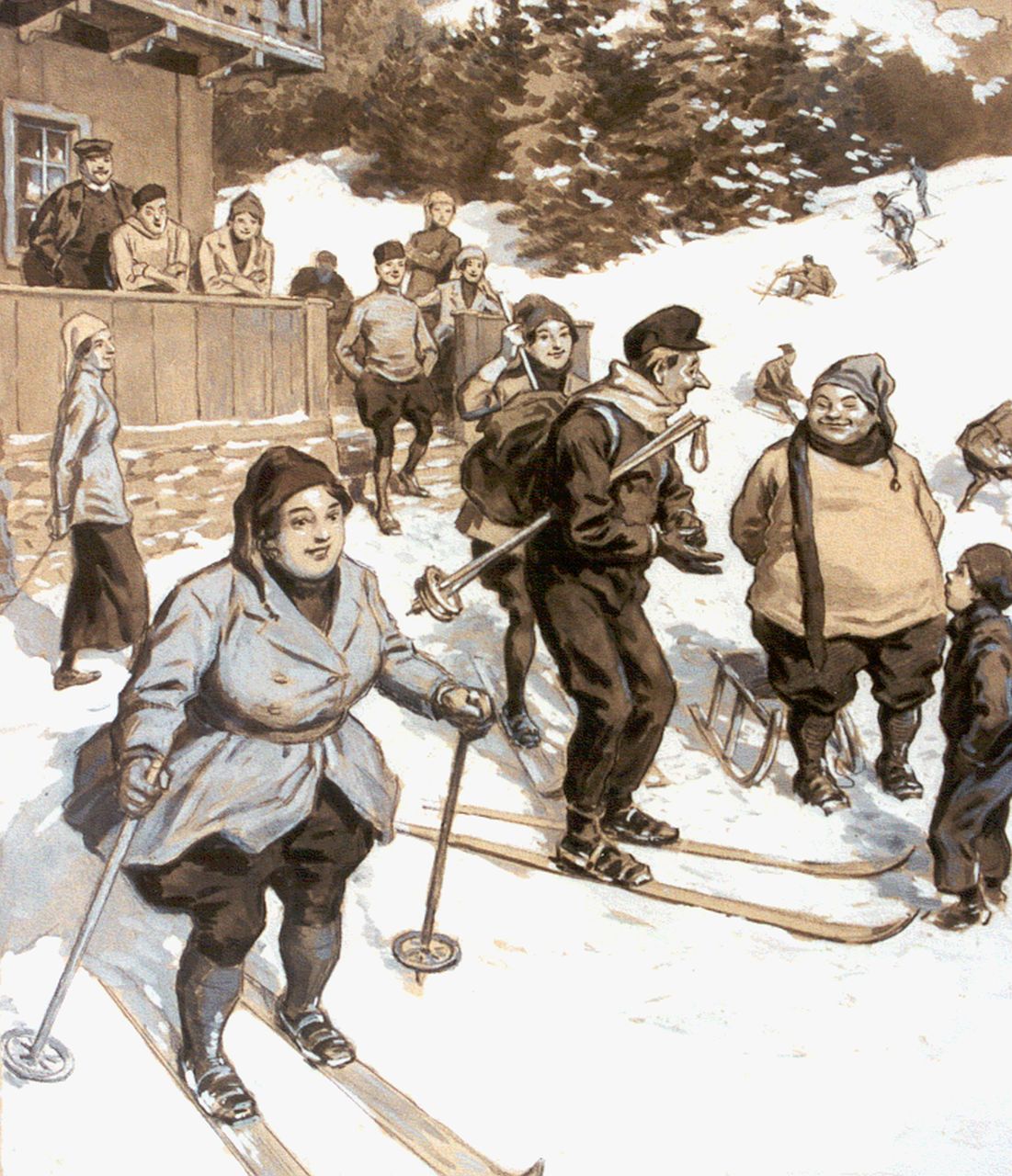 Meissl A.E. Ritter von  | August Meissl, Winter sports, Kreide und Gouache auf Papier 34,0 x 28,5 cm, signed l.l.