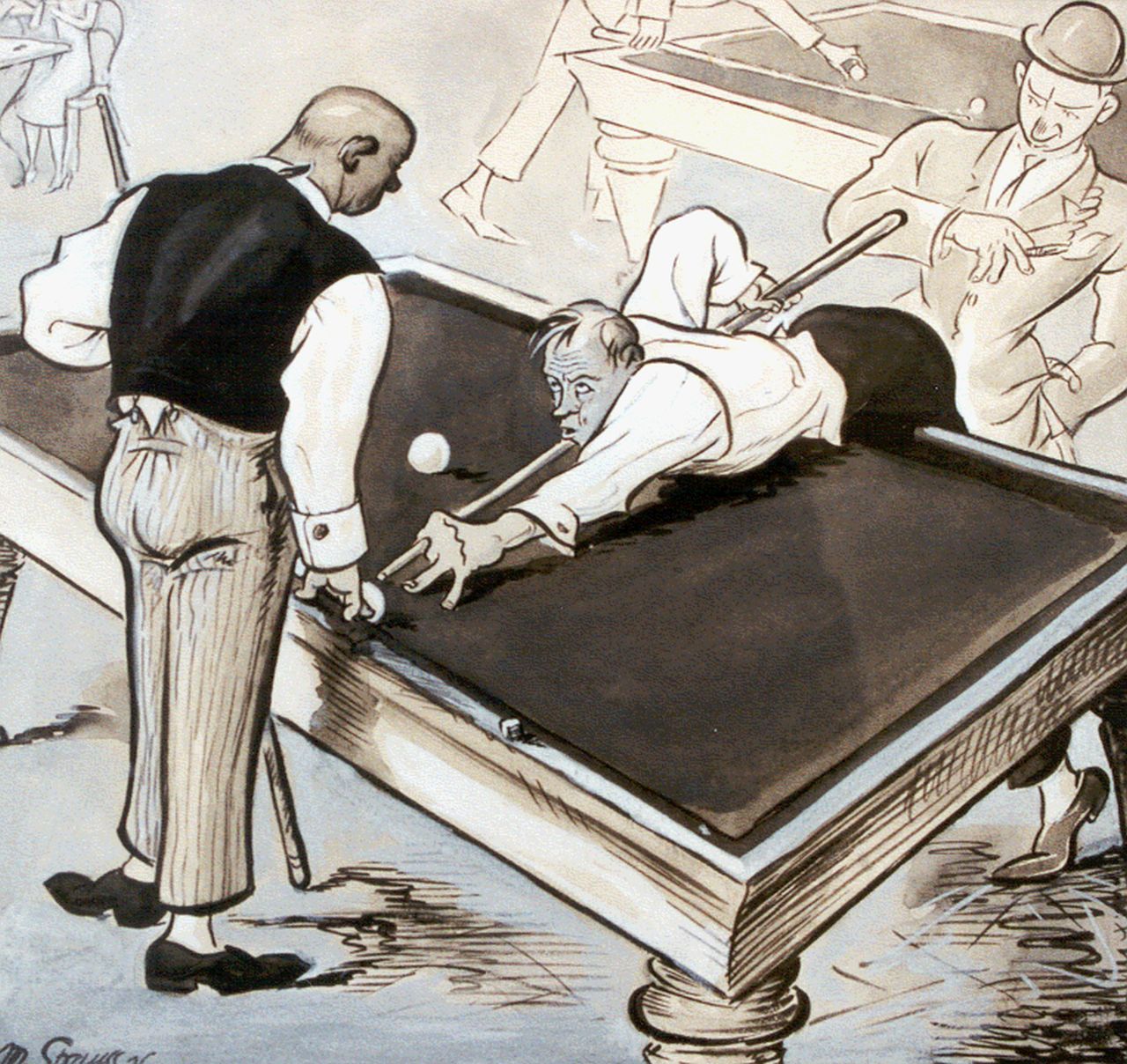M. Strauss | Billiards, Gouache auf Papier, 25,7 x 27,7 cm, signed l.l. und dated '26 on the reverse