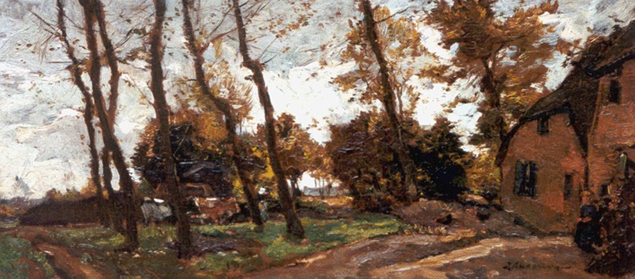 Akkeringa J.E.H.  | 'Johannes Evert' Hendrik Akkeringa, A farm in autumn, Öl auf Holz 18,7 x 40,1 cm, signed l.r.