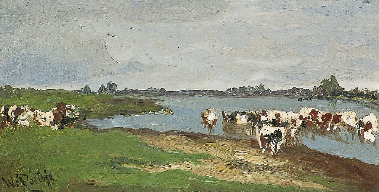 Roelofs W.  | Willem Roelofs, Cows on the riverbank, Öl auf Leinwand 24,0 x 44,2 cm, signed l.l.