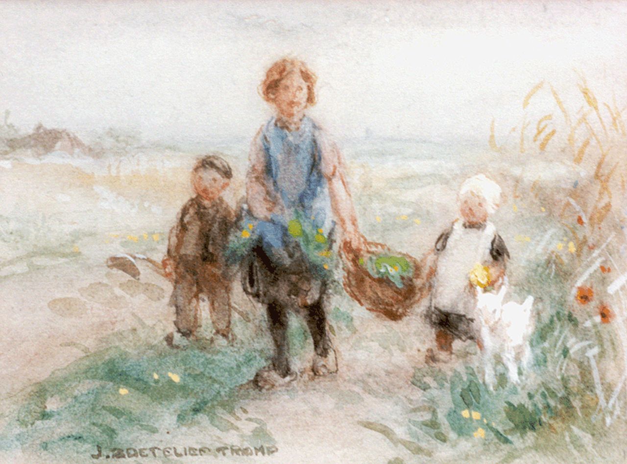 Zoetelief Tromp J.  | Johannes 'Jan' Zoetelief Tromp, Gathering flowers, Aquarell auf Papier 17,5 x 25,2 cm, signed l.l.