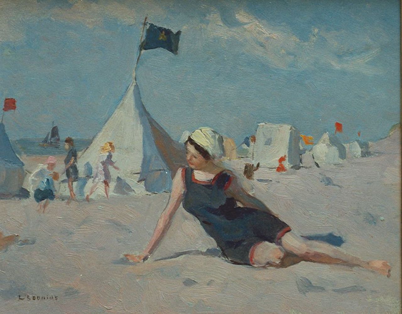 Soonius L.  | Lodewijk 'Louis' Soonius, An elegant young lady on the beach, Öl auf Holz 24,8 x 30,5 cm, signed l.l.